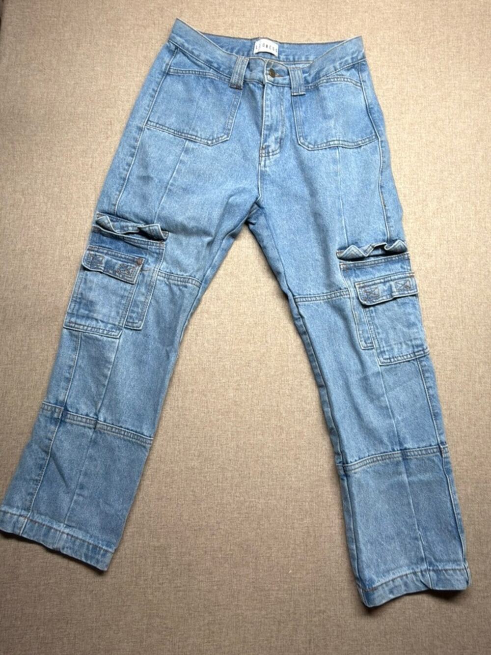 Lioness Size L Light Wash Denim Cargo Jeans Utility Carpenter Wide Leg Y2K